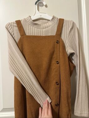 Ribbed Long-Sleeve Top in Beige with Brown Dress for Kids and Girls